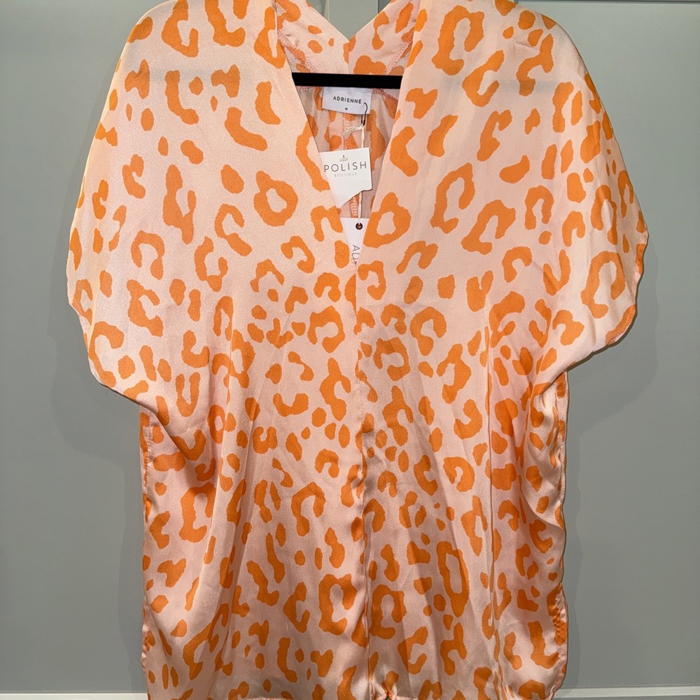 Adrienne Women's V Neck Oversized Orange Leopard Print Top New Medium Dolman
